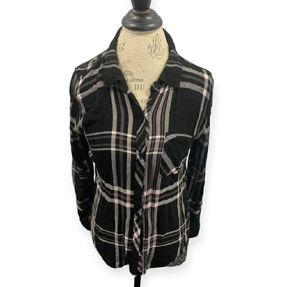 Rails Flannel Button Plaid Shirt, Black and Light Pink